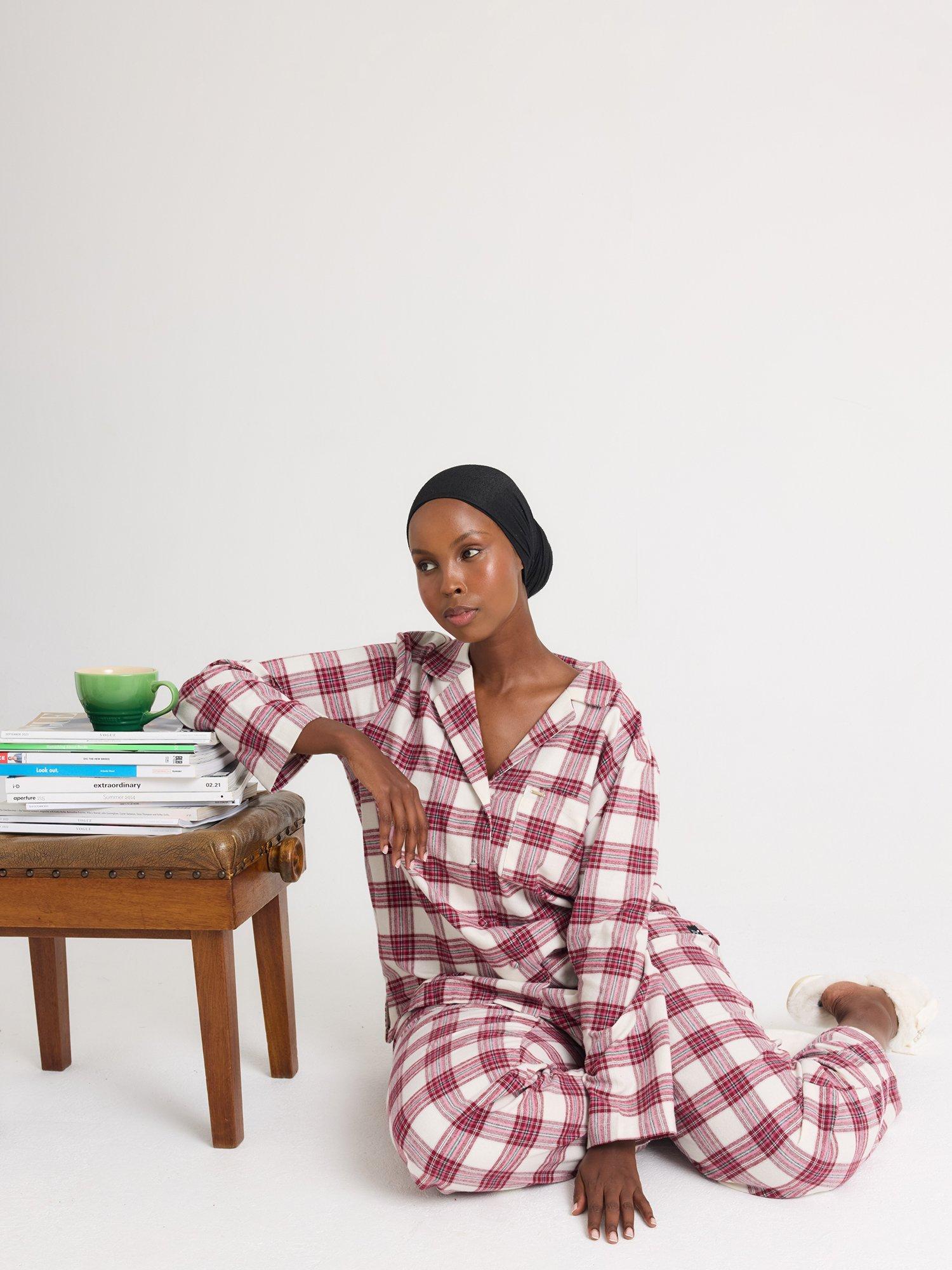 Product image 6 of 7, which shows Pretty You London Plaid Button Through Pyjama Set, Stone, 8-10