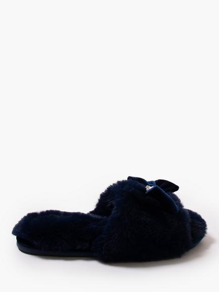 Pretty You London Anya Faux Fur Slippers, Navy