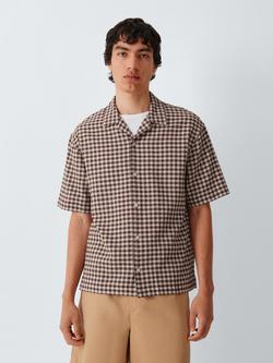 John Lewis Gingham Open Weave Cotton Short Sleeve Shirt, Brown, Brown