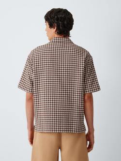 John Lewis Gingham Open Weave Cotton Short Sleeve Shirt, Brown - view 2, Brown