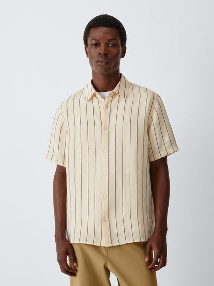 Kin Short Sleeve Striped Cotton Shirt, Brown, Brown