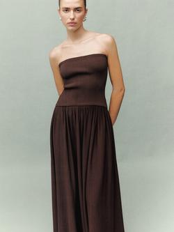 Mango Floes Combined Strapless Maxi Dress, Dark Brown - view 2, Dark Brown