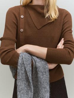 Mango Cuiner Asymmetric Neck Button Detail Jumper, Dark Brown - view 2, Dark Brown