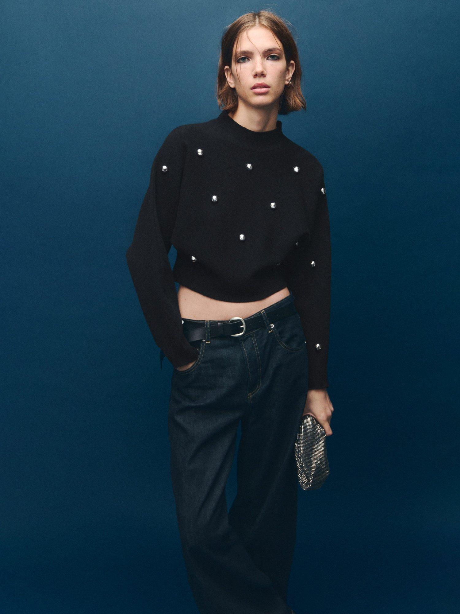 Product image 1 of 7, which shows Mango Inoxidab Embellished Cropped Jumper, Black, L