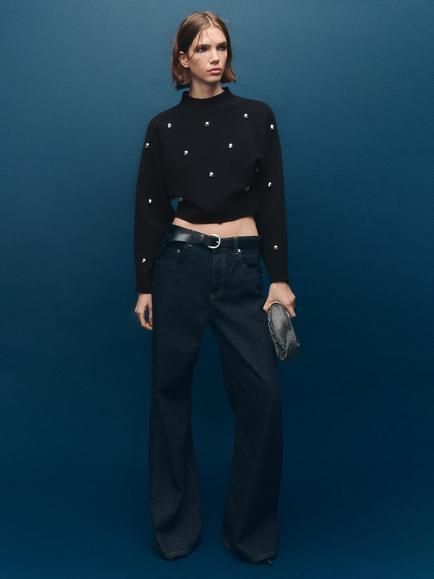 Mango Inoxidab Embellished Cropped Jumper, Black - view 2, Black