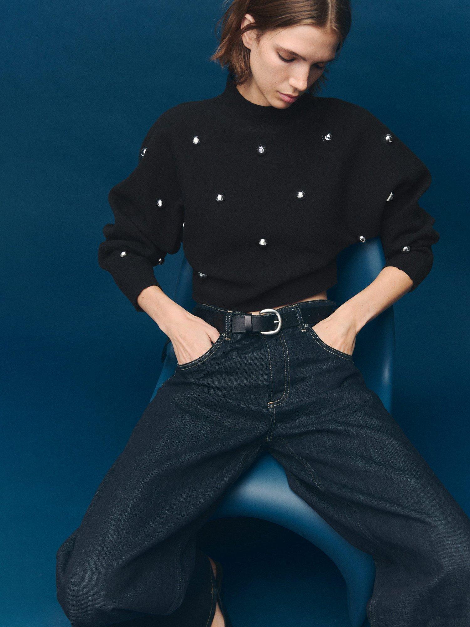 Product image 6 of 7, which shows Mango Inoxidab Embellished Cropped Jumper, Black, L