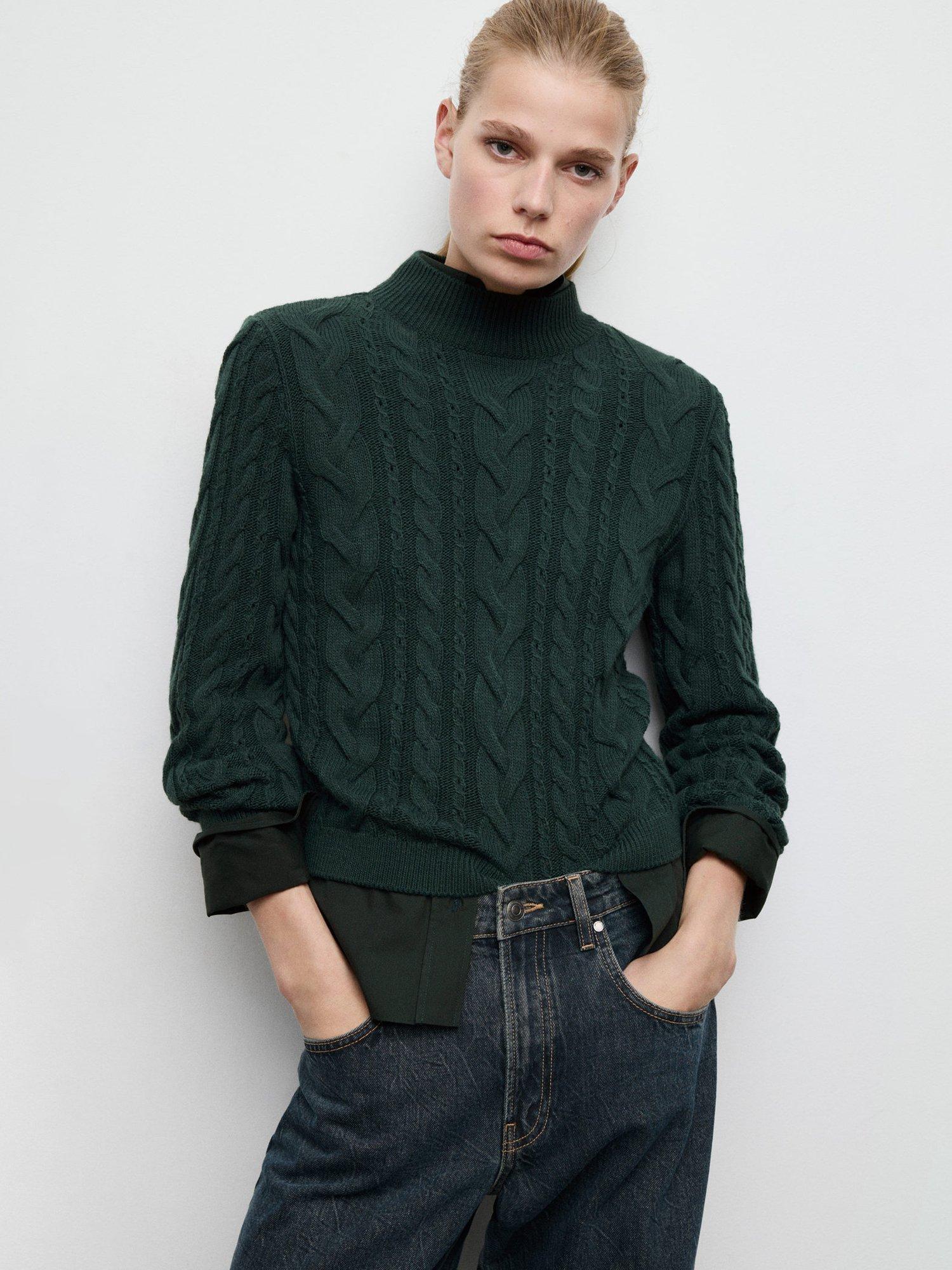 Mango Trenzon High Neck Cable Knit Jumper, Green