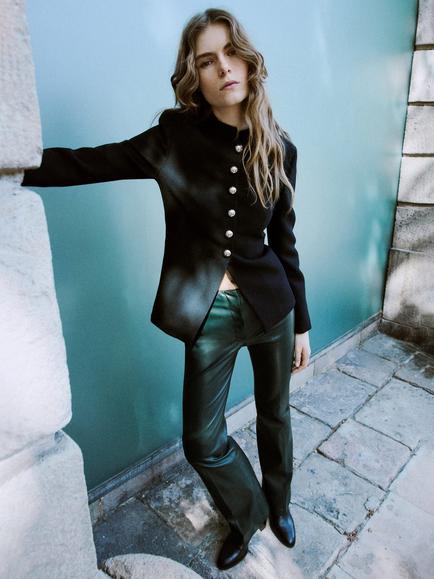 Mango Emmy Faux Leather Flared Trousers, Green - view 2, Green