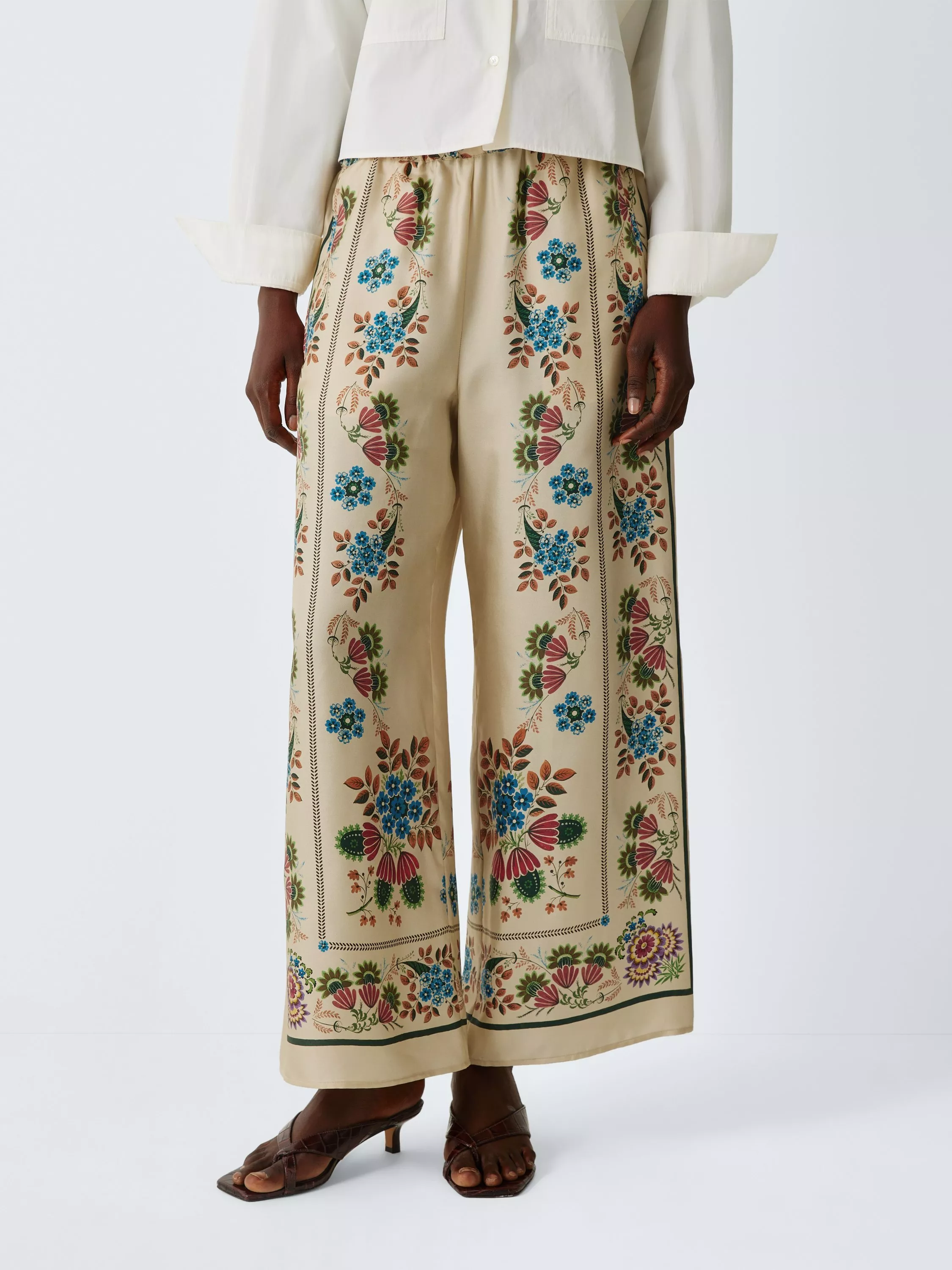Weekend MaxMara Snack Floral Pure Silk Trousers, Ivory display picture 1