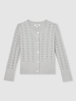 Reiss Kids' Fae Pointelle Wool Blend Cardigan, Grey - view 2, Grey