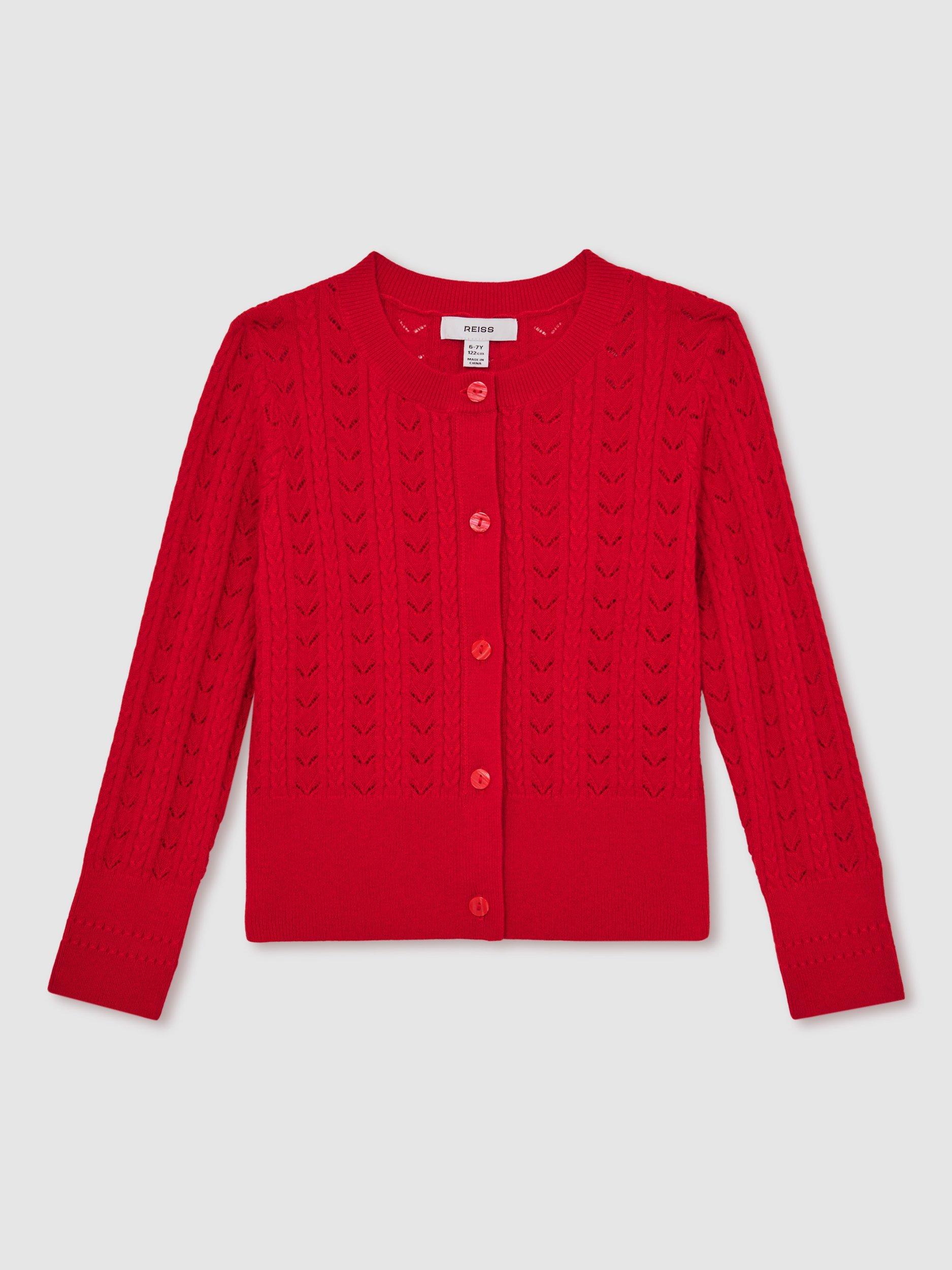 Product image 3 of 5, which shows Reiss Kids' Flo Cotton Wool Blend Cardigan, Red, 3-4 years