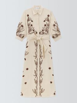 Marella Banda Floral Pure Linen Shirt Dress, Cream/Brown, Cream/Brown