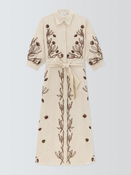 Marella Banda Floral Pure Linen Shirt Dress, Cream/Brown, Cream/Brown