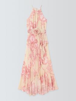 Marella Fiero Halterneck Floral Ruffle Dress, Cream/Pink, Cream/Pink