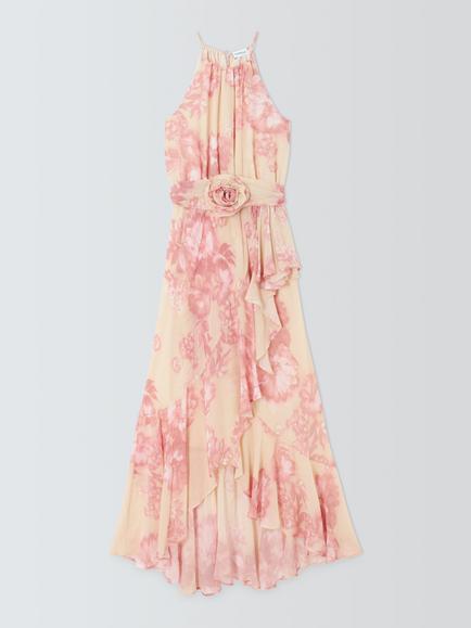 Marella Fiero Halterneck Floral Ruffle Dress, Cream/Pink, Cream/Pink