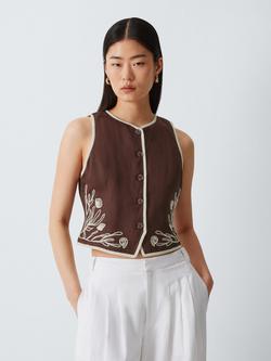 Marella Sleeveless Floral Embroidered Linen Waistcoat, Brown/Cream, Brown/Cream