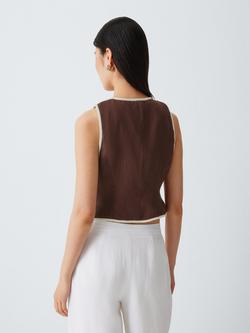 Marella Sleeveless Floral Embroidered Linen Waistcoat, Brown/Cream - view 2, Brown/Cream