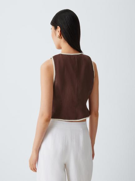 Marella Sleeveless Floral Embroidered Linen Waistcoat, Brown/Cream - view 2, Brown/Cream