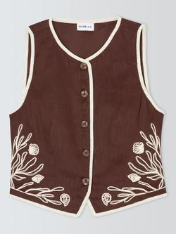 Marella Sleeveless Floral Embroidered Linen Waistcoat, Brown/Cream, Brown/Cream