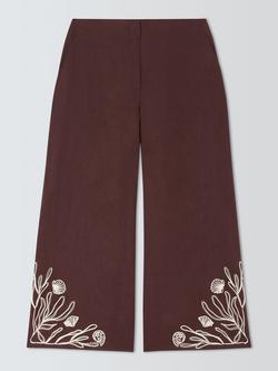 Marella Dolce Floral Hem Pure Linen Trousers, Brown/White, Brown/White