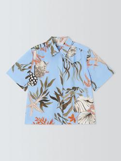 Marella Coastal Print Short Sleeve Stretch Cotton Blend Shirt, Blue/Multi, Blue/Multi