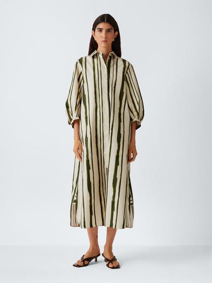 MM by MaxMara Short Puff Sleeve Striped Cotton Midi Shirt Dress, Cream/Green, Cream/Green