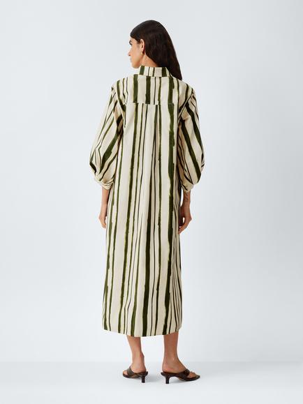 MM by MaxMara Short Puff Sleeve Striped Cotton Midi Shirt Dress, Cream/Green - view 2, Cream/Green