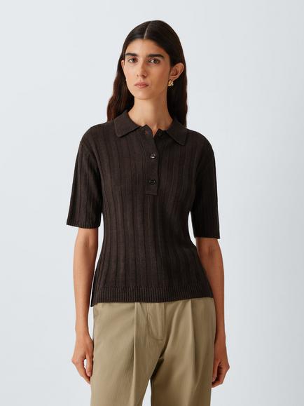 MM by MaxMara Rivetto Cable Knit Pure Linen Top, Dark Brown, Dark Brown