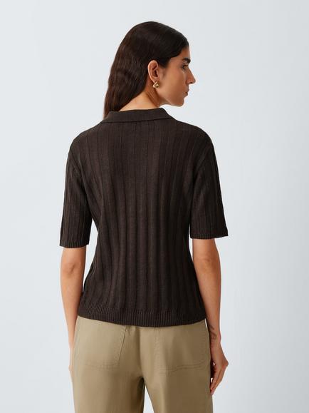 MM by MaxMara Rivetto Cable Knit Pure Linen Top, Dark Brown - view 2, Dark Brown