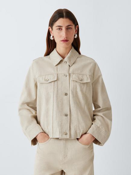 John Lewis Cropped Denim Jacket, Ecru - view 2, Ecru