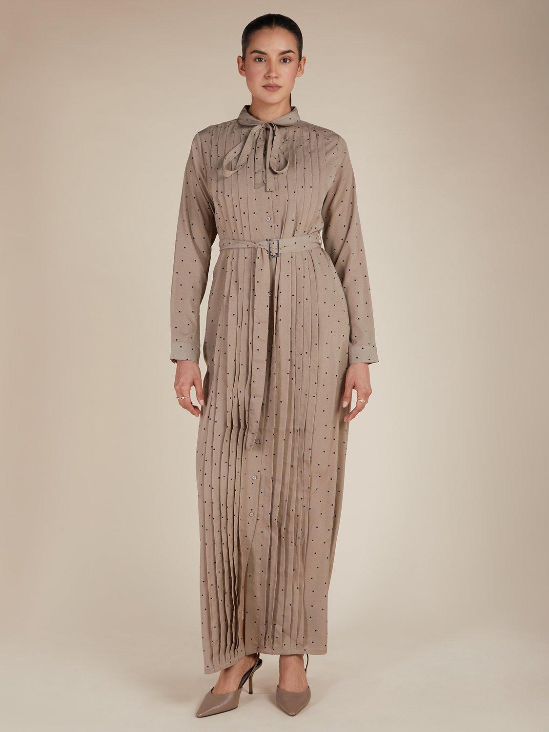 Product image 1 of 4, which shows Aab Polka & Pleats Maxi Dress, Beige, S Reg