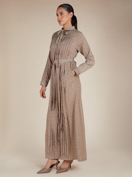 Aab Polka & Pleats Maxi Dress, Beige - view 2, Beige