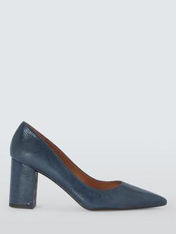 John Lewis Alba Leather Pointed Toe Block Heel Court Shoes, Azul, Azul