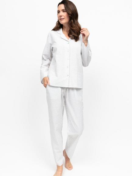 Nora Rose by Cyberjammies Willow Seersucker Stripe Button Through Long Pyjama Set, Willow Grey, Willow Grey