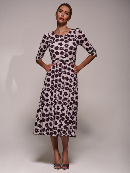 Jolie Moi 3/4 Sleeve Jersey Midi Dress, Beige Floral, Beige Floral
