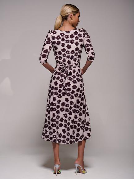 Jolie Moi 3/4 Sleeve Jersey Midi Dress, Beige Floral - view 2, Beige Floral