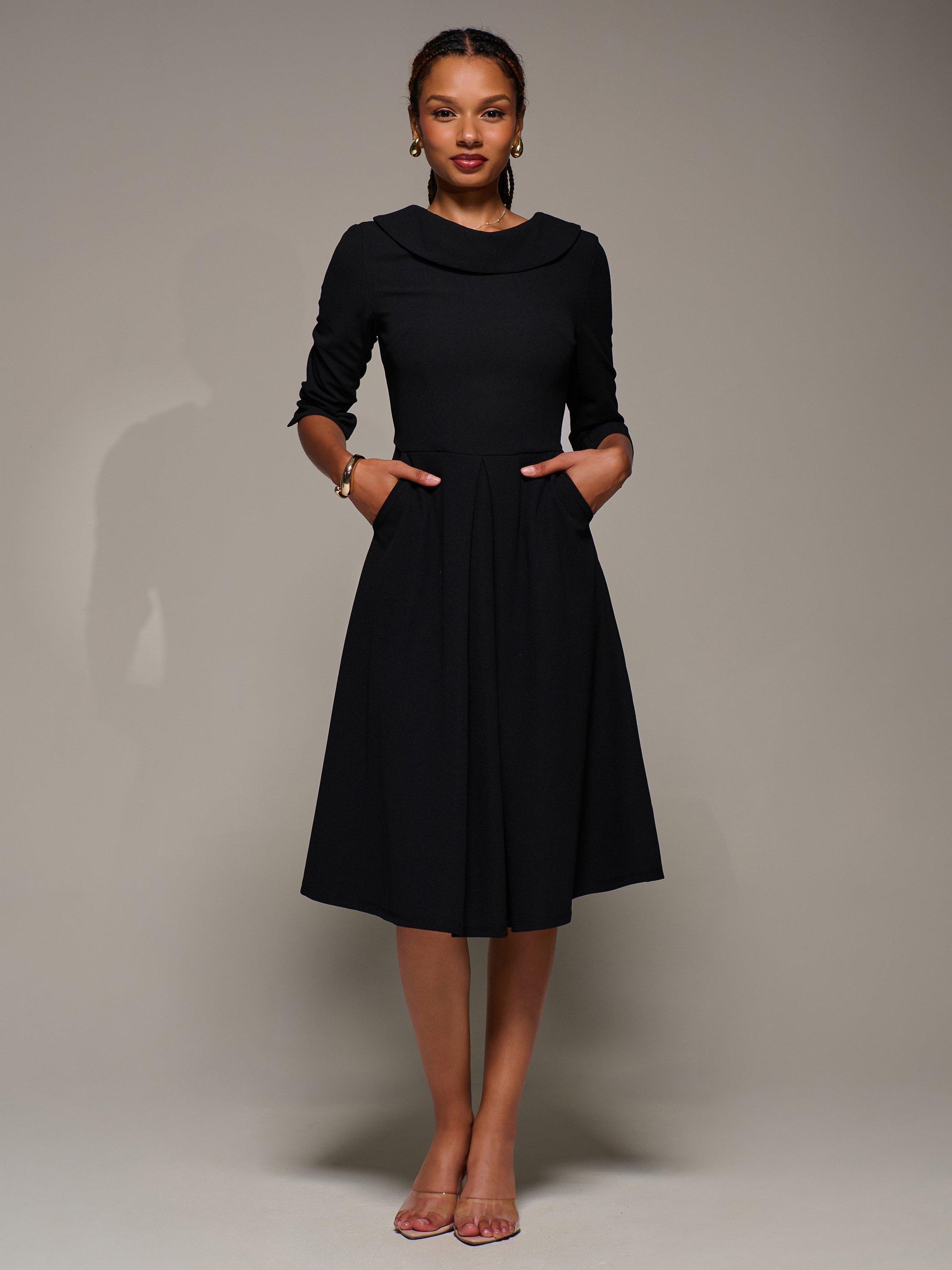 Product image 6 of 6, which shows Jolie Moi Roll Neck Flared Dress, Black, 8