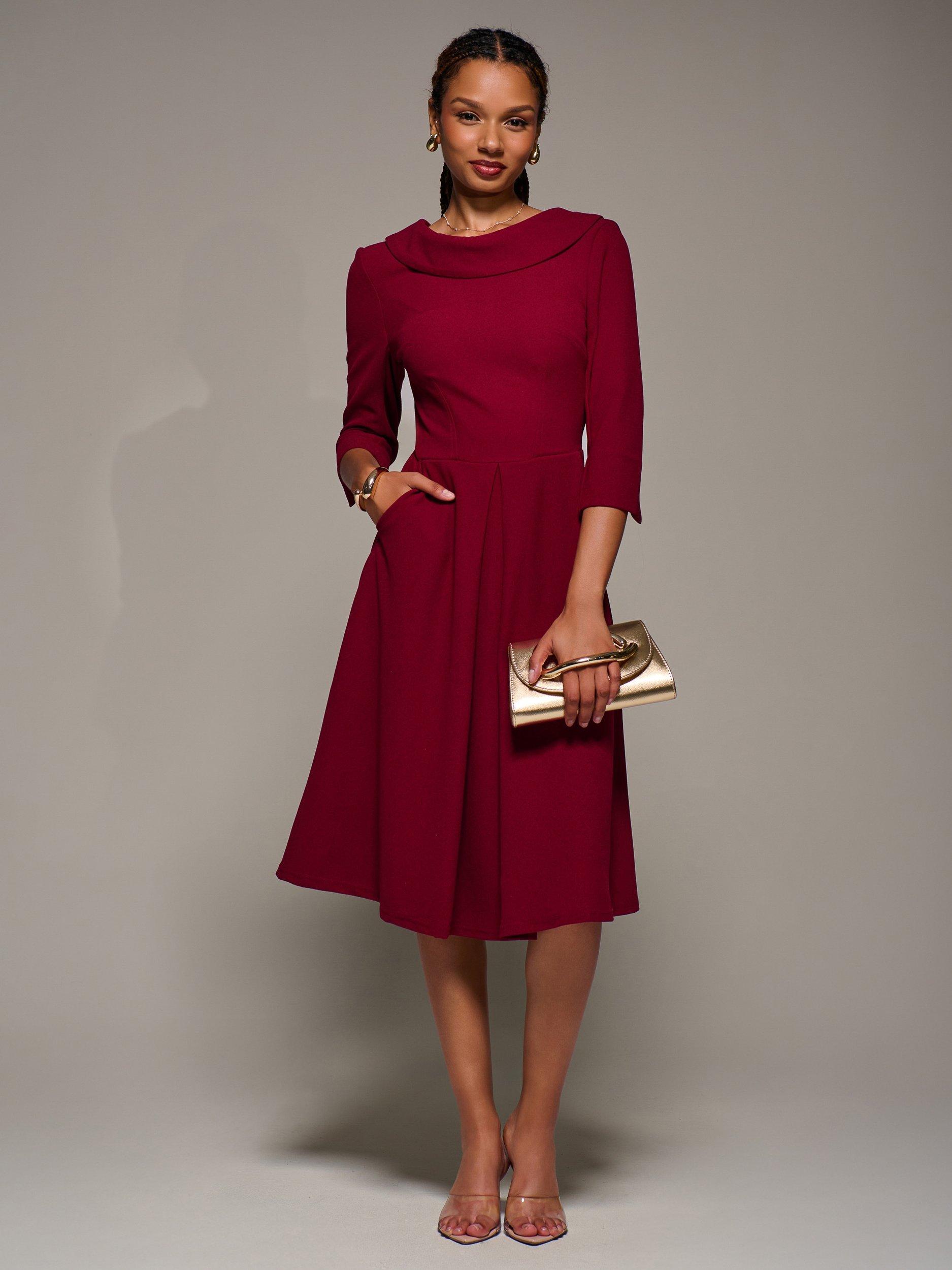 Product image 1 of 6, which shows Jolie Moi Roll Neck Flared Dress, Red, 8