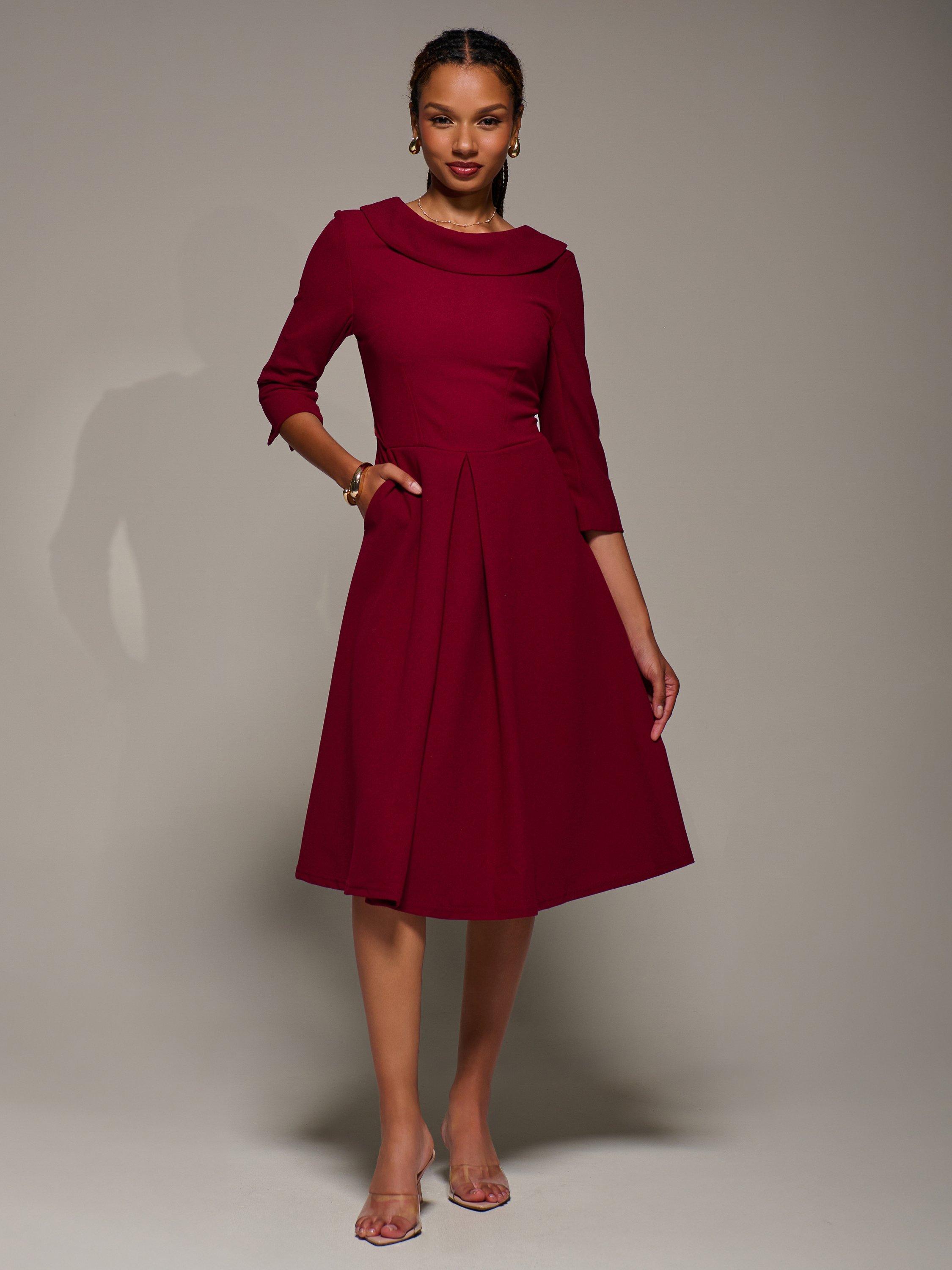 Product image 3 of 6, which shows Jolie Moi Roll Neck Flared Dress, Red, 8