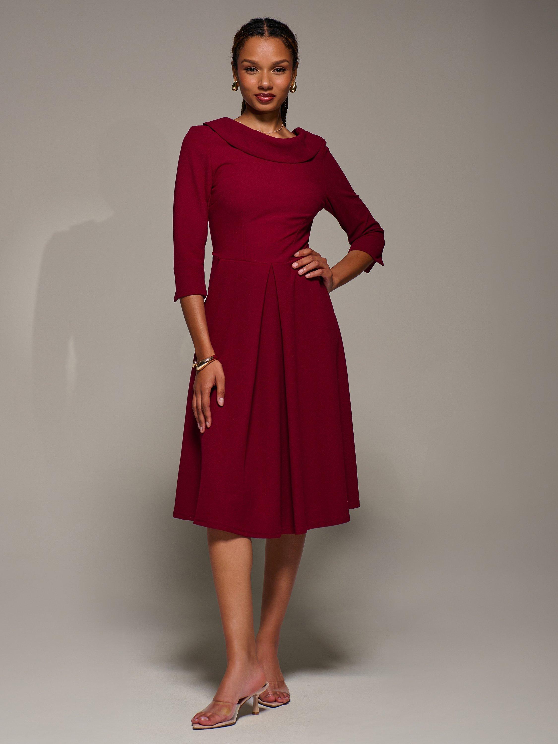 Product image 5 of 6, which shows Jolie Moi Roll Neck Flared Dress, Red, 8