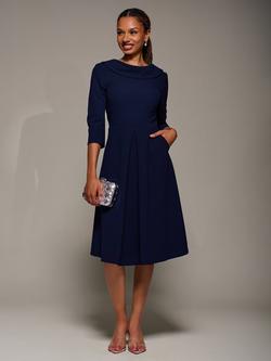 Jolie Moi Roll Neck Flared Dress, Navy, Navy