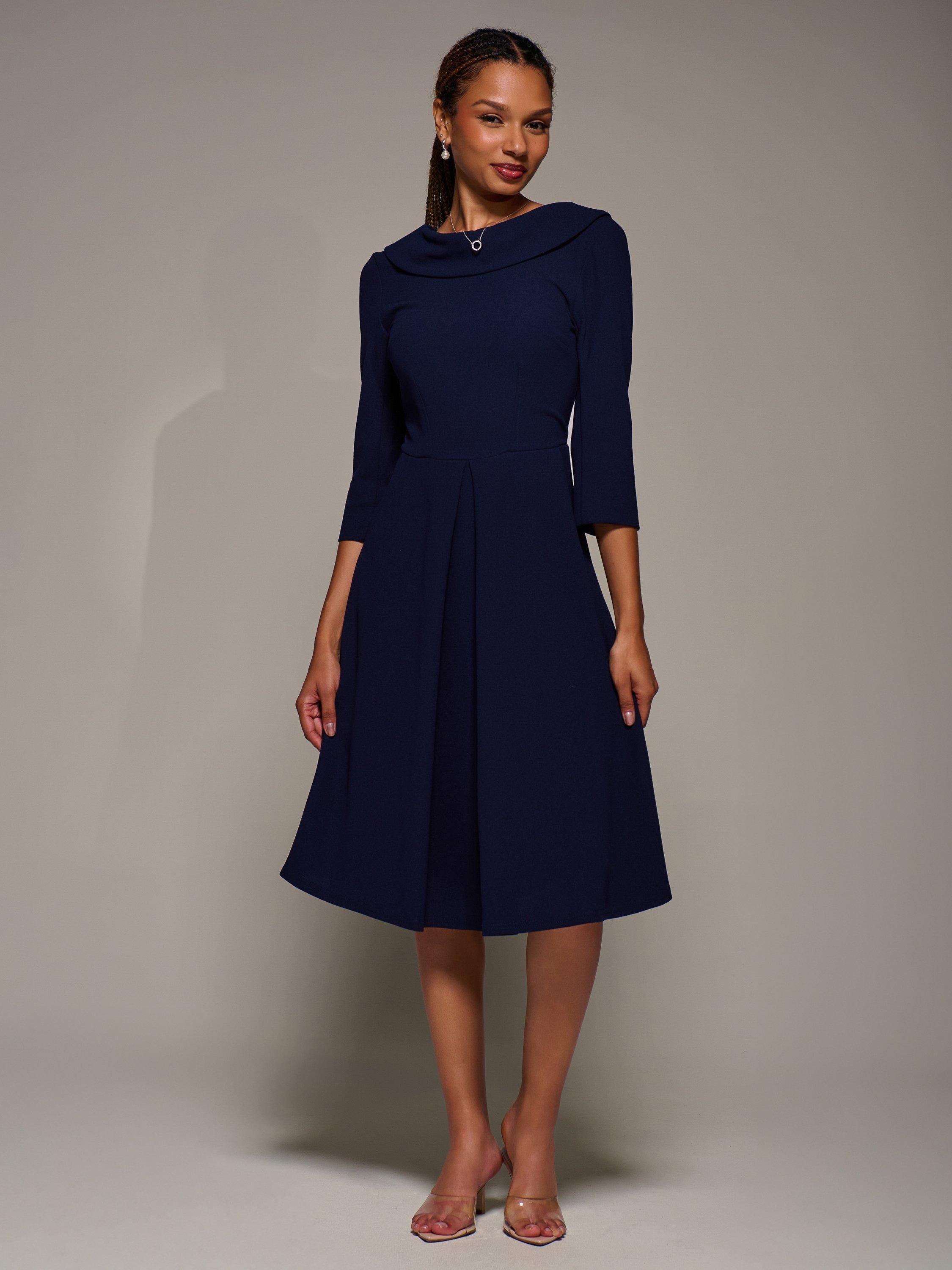 Product image 3 of 6, which shows Jolie Moi Roll Neck Flared Dress, Navy, 8