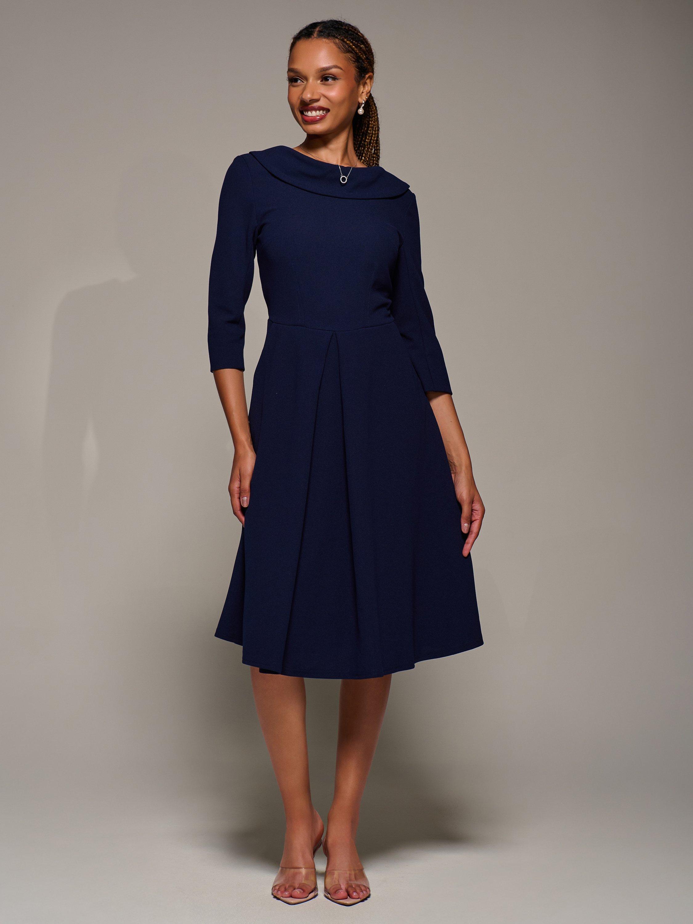 Product image 5 of 6, which shows Jolie Moi Roll Neck Flared Dress, Navy, 8