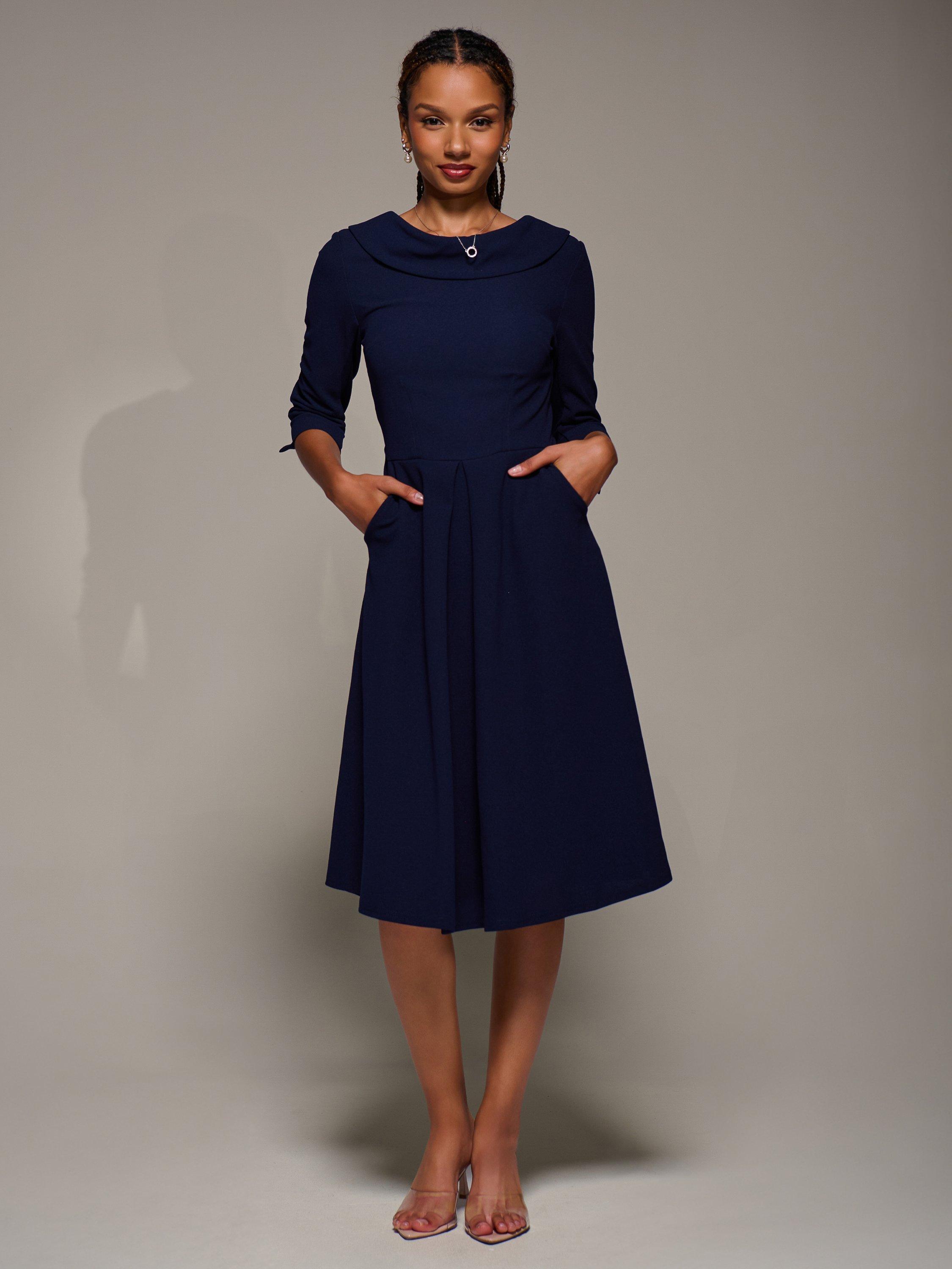 Product image 6 of 6, which shows Jolie Moi Roll Neck Flared Dress, Navy, 8