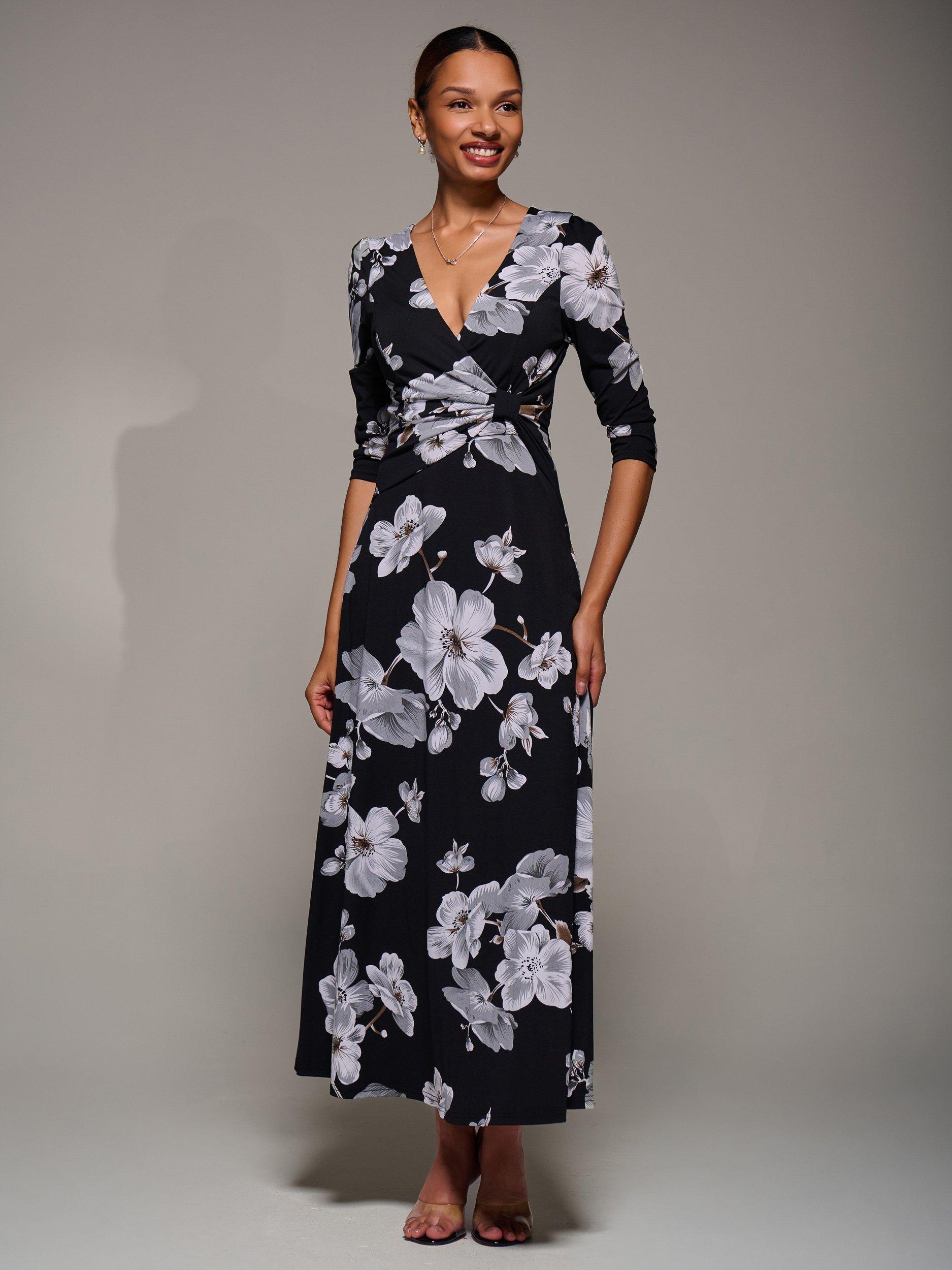 Jolie Moi Floral Three Quarter Sleeve Ruched Flare Jersey Maxi Dress