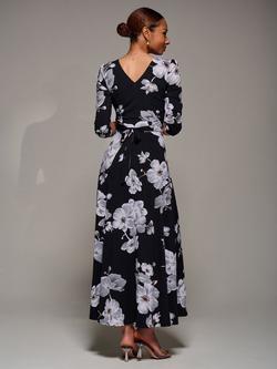 Jolie Moi Floral Three Quarter Sleeve Ruched Flare Jersey Maxi Dress - view 2, Black Floral