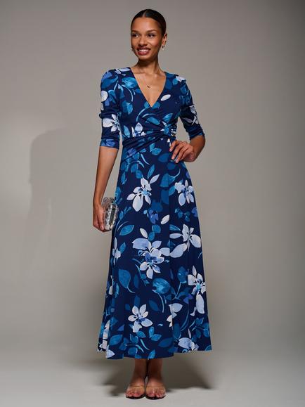 Jolie Moi Floral Three Quarter Sleeve Ruched Flare Jersey Maxi Dress, Navy Floral