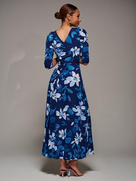 Jolie Moi Floral Three Quarter Sleeve Ruched Flare Jersey Maxi Dress - view 2, Navy Floral