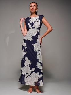 Jolie Moi Sleeveless Slash Neck Mesh Maxi Dress, Navy Floral, Navy Floral