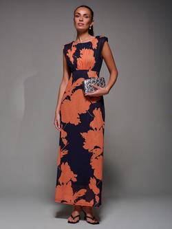 Jolie Moi Sleeveless Slash Neck Mesh Maxi Dress, Orange Floral, Orange Floral